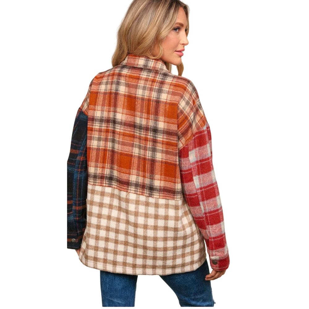 Flannel Loose Fit Color Block Snap Button Down Pl… - image 5